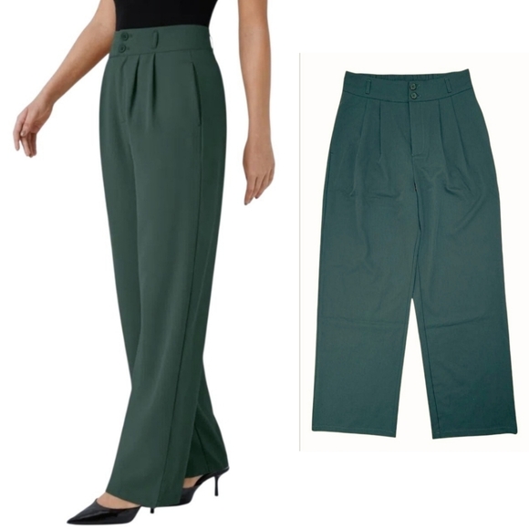 Halara High Waisted Two Button ShirredStraight Leg Pants Dark Green Size Medium - Picture 2 of 16